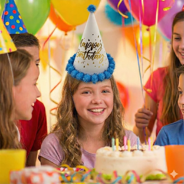 40 cm Baş Çevresi – 25 cm Mavi Varaklı Ponponlu Happy Birthday Doğum Günü Şapkası ürün görseli 1