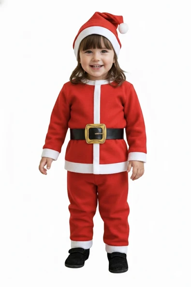 2–3 Yaş Çocuk Noel Baba Kostümü – Şapkalı ve Kemerli Yılbaşı Elbise Seti ürün görseli 1