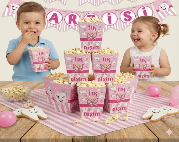 8 ADET - Mısır Kutusu Popcorn Diş Partisi Kız Pembe Diş Buğdayı Parti Seti ürün görseli 1