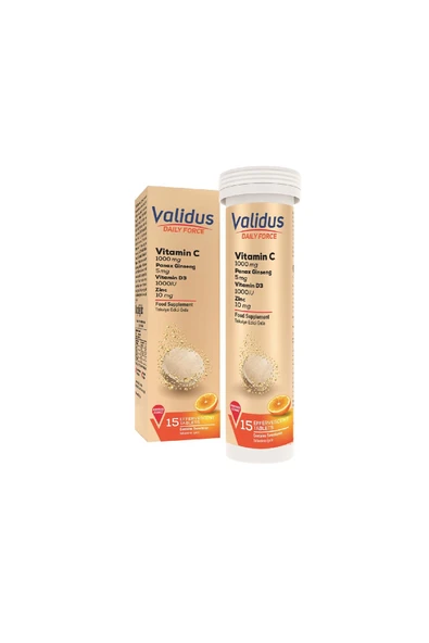 3 ADET Validus Daily Force Vitamin C + Panax Ginseng + Zinc + Vitamin D3 15 Effervescent Tablet ürün görseli 1