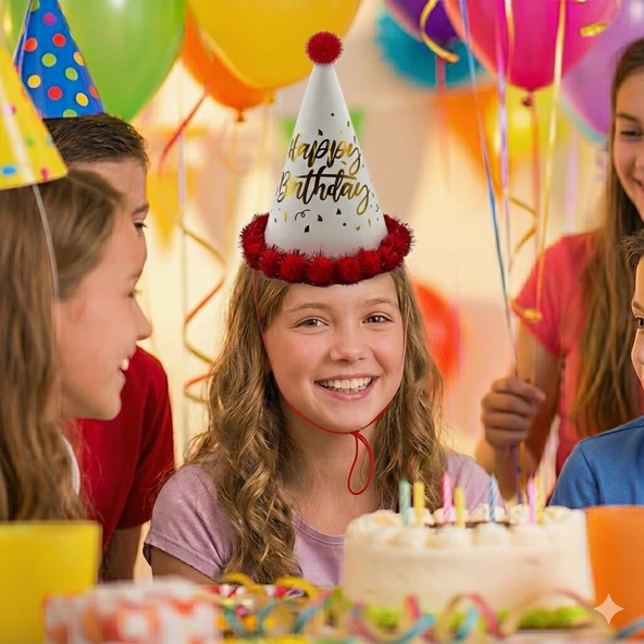 40 cm Baş Çevresi – 25 cm Kırmızı Varaklı Ponponlu Happy Birthday Doğum Günü Şapkası ürün görseli 1