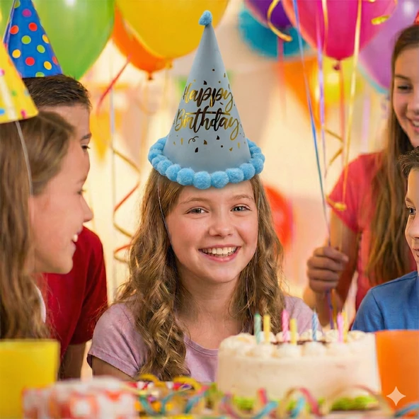 40 cm Baş Çevresi – 25 cm Makaron Mavi Ponponlu Happy Birthday Doğum Günü Şapkası ürün görseli 1