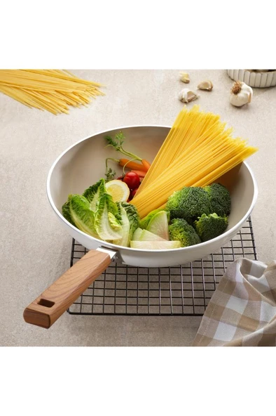 Ceramoni Seramik Wok Tava 28 Cm-Krem - Resim 2