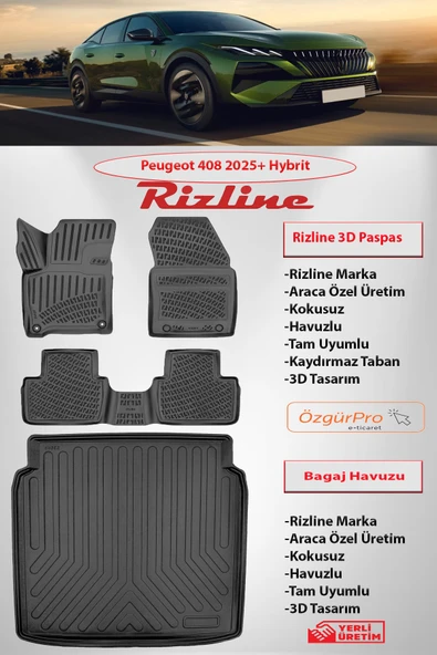 Rizline Peugeot 408 1.2 Mhev Hybrit 2025 ve Sonrası 3D Havuzlu Paspas ve Bagaj Havuzu Set ürün görseli 1