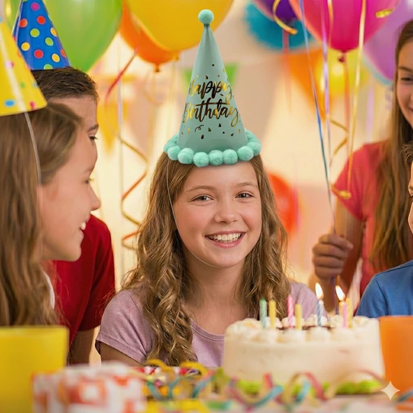 40 cm Baş Çevresi – 25 cm Makaron Yeşil Ponponlu Happy Birthday Doğum Günü Şapkası ürün görseli 1