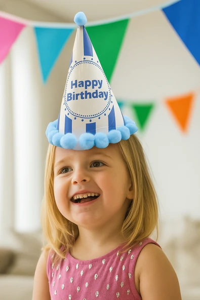 35 cm Baş Çevresi – 20 cm Mavi Çizgili Ponponlu Happy Birthday Doğum Günü Şapkası ürün görseli 1