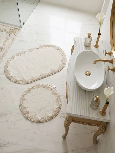Çeyizlik Güpürlü Dantelli Banyo Paspas Takımı Kaymaz Taban 2'li Set 60x100 50x60 cm ürün görseli 1