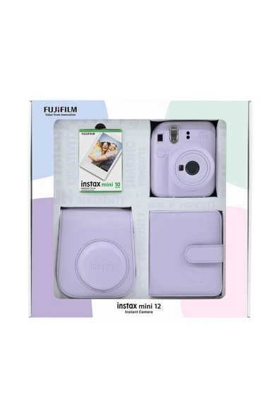 Instax mini 12 Lila Fotoğraf Makinesi 10'lu Film Kare Albüm ve Deri Kılıf Bundle Box ürün görseli 1