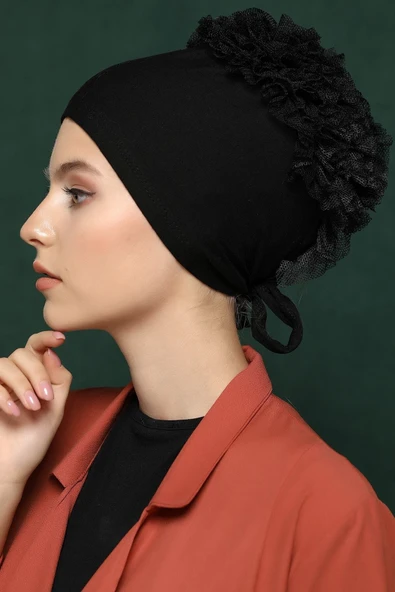 Rana Fırfırlı Bone Siyah - Özel Tasarım- Yeni Model Tesettür impavido Giyim ürün görseli 1