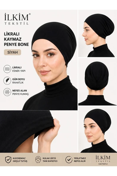 cs ilkim LİKRALI GEÇİRMELİ SİYAH KAYMAZ PENYE BONE ürün görseli 1