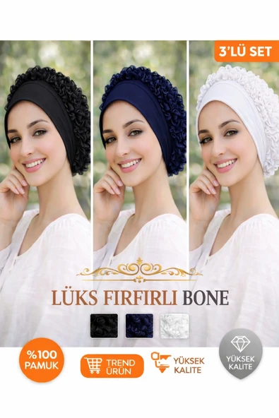 cs ilkim LÜX PAMUKLU 3lü FIRFIRLI BONE (Siyah-Lacivert-Beyaz) ürün görseli 1
