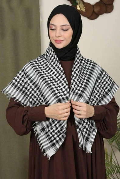 İSTANBULSTYLEMODA Pamuklu Puşi , Poşu, Kefiye Beyaz Şal 100x100 AYN24014 ürün görseli 1