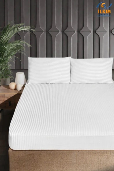 cs ilkim Pamuklu Çizgili Saten Lastikli Çarşaf Takımı + 2 Yastık Kılıfı (Çift Kişilik 160x200+30) ürün görseli 1