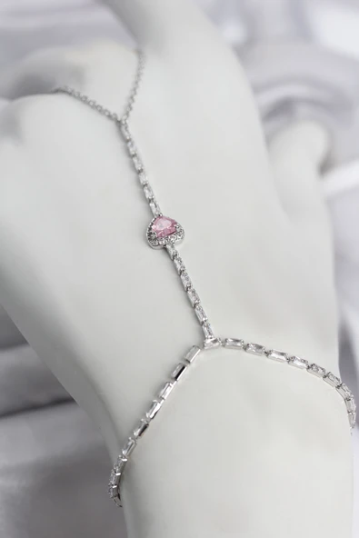 Gümüş Renk Pirinç Zirkon Taşlı Pembe Kalp Model Şahmeran ürün görseli 1