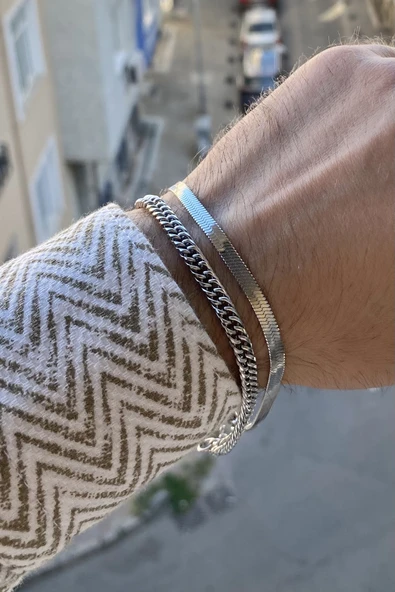 Erkek çelik bileklik 2 li set özel lüks zincir renk atmaz kararmaz solmaz ürün görseli 1