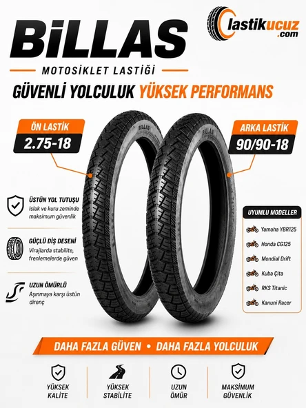 BİLLAS 2.75-18 TL 4PR 42P BL084 ve 90/90-18 TL 4PR 51P BL084 ÖN ARKA TAKIM MOTOSİKLET DIŞ LASTİĞİ ürün görseli 1