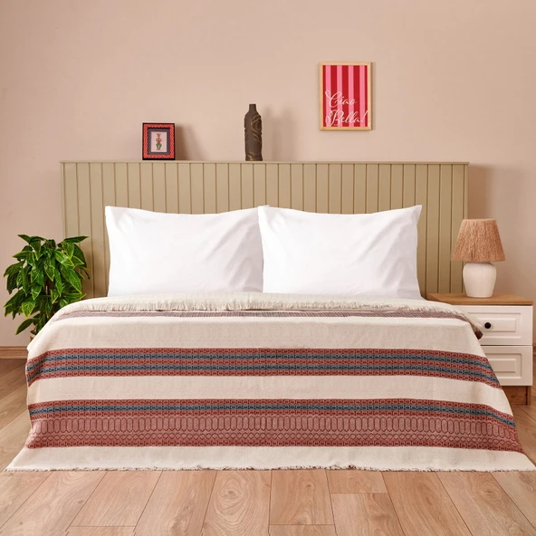 Soft Marun Çift Kişilik Yatak Örtüsü - Ekru / Kırmızı - 200x230 cm ürün görseli 1