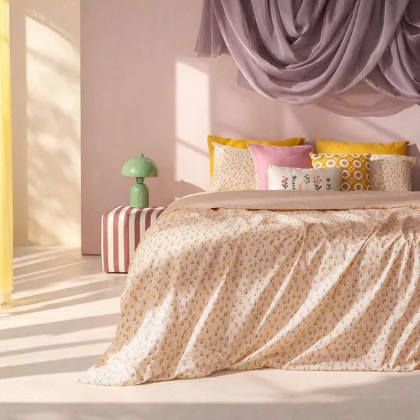 Soft Bloom Tek Kişilik Nevresim Takımı - Hardal / Pembe ürün görseli 1