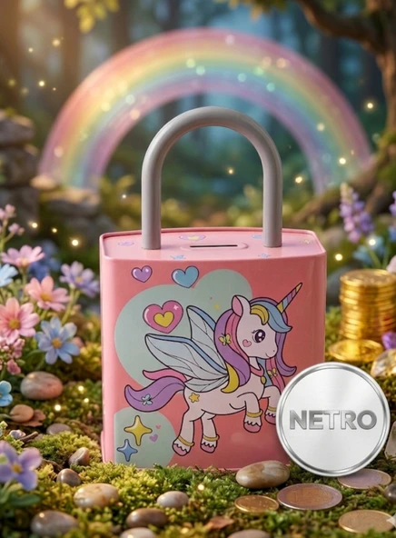 KİLİT Şeklinde Dev Boy Kumbara 26x17 Cm Hediyelik Metal Kumbara KAPAKLI kolay açılabilir model pembe unicorn ürün görseli 1
