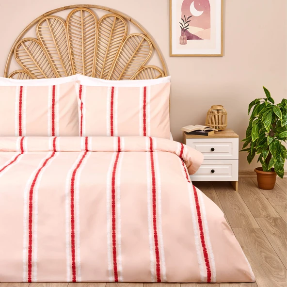 Soft Strisce Çift Kişilik Nevresim Takımı - Somon / Kırmızı ürün görseli 1