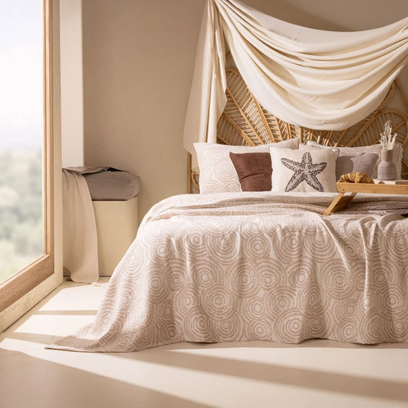 Soft Dune Çift Kişilik Yatak Örtüsü Seti - Ekru / Kahverengi - 220x240 cm + 50x70 cm ürün görseli 1