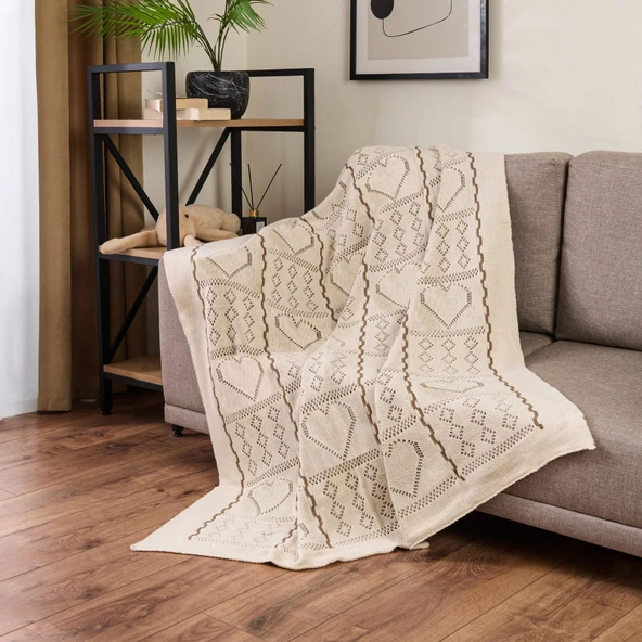 Soft Kalp Desenli Tirko Koltuk Şalı - Bej - 120x160 cm ürün görseli 1