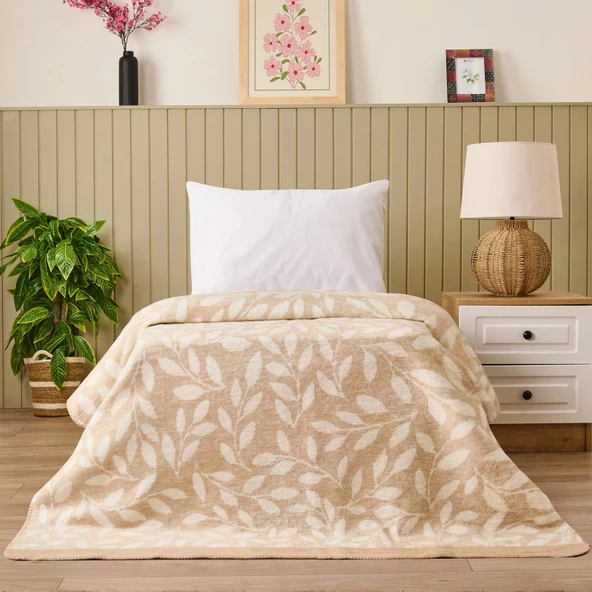 Soft Sprig Pamuklu Tek Kişilik Battaniye - Bej - 150x200 cm ürün görseli 1