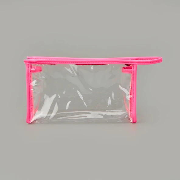 Fosforlu XL PVC Kozmetik Çantası - Şeffaf / Pembe - 16x26 cm ürün görseli 1