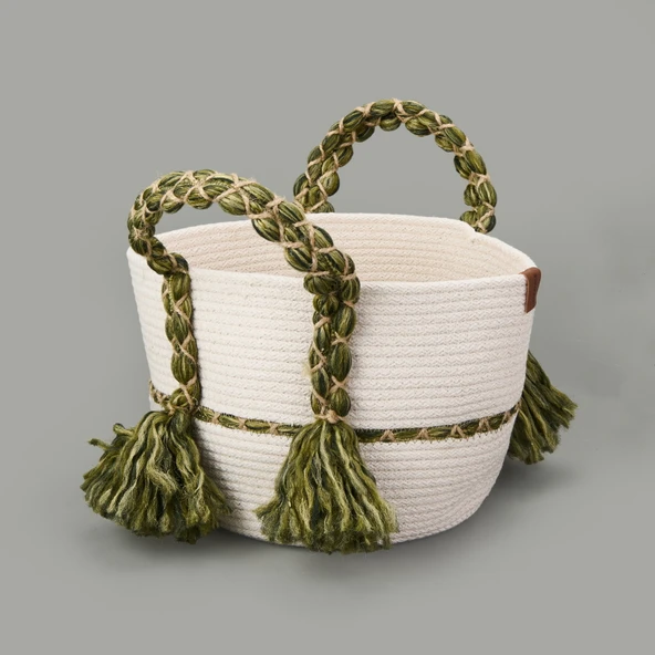 Living Green Culture Dekoratif Sepet - Krem / Yeşil - 25x21 cm ürün görseli 1