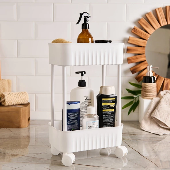 İki Katlı Tekerlekli Banyo Rafı - Beyaz - 45x27x17 cm ürün görseli 1