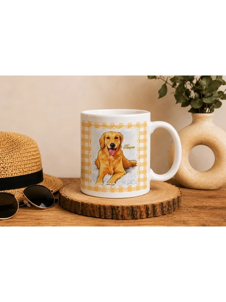 Kişiye Özel İsimli Kupa Bardak Golden Retriever Köpek Illüstrasyonlu Sarı Ekoseli Kupa ürün görseli 1