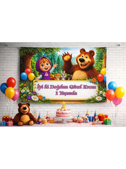 Kişiye Özel Maşa Temalı 1 Yaş Branda Afiş (150x100 cm) ürün görseli 1