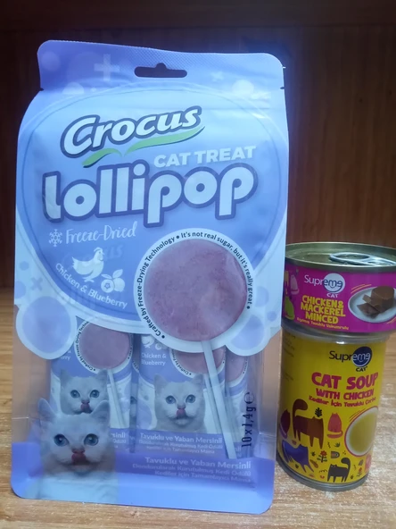 Crocus Tavuklu Ve Yaban Mersinli Kedi Lolipop 10 ADET+1 ADET TAVUK&USKUMRULU PÜRE KEDİ KONSERVE 85 GRAM+1 ADET  TAVUKLU KEDİ ÇORBASI 135 ML ürün görseli 1