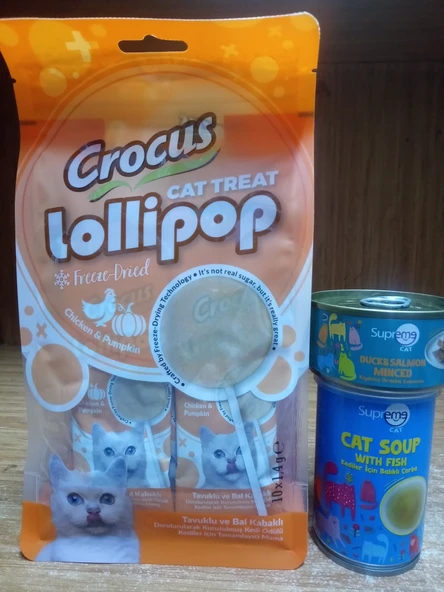 Crocus Tavuklu Ve Bal Kabaklı Kedi Lolipop 10 ADET+1 ADET ÖRDEK&SOMONLU PÜRE KEDİ KONSERVE+1 ADET BALIKLI KEDİ ÇORBASI 135 ML ürün görseli 1