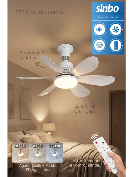 SF-7708 3 LED Aydınlatmalı Sessiz Tavan Vantilatörü Kumandalı 6 Kanatlı ürün görseli 1