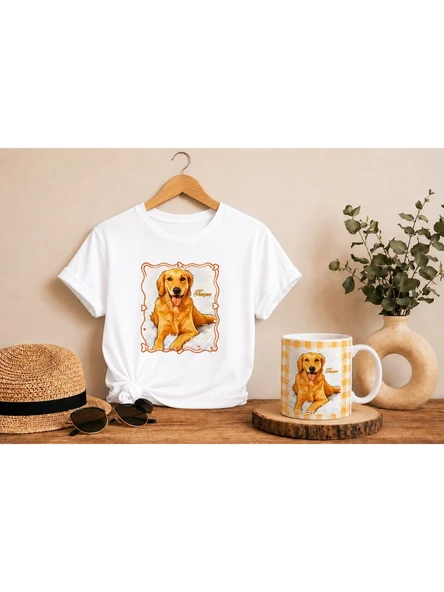 Kişiye Özel Tarçın Baskılı Sevimli Köpek Temalı Hediye Seti Golden Retriever Tasarımlı Tişört & Kupa Kombini ürün görseli 1