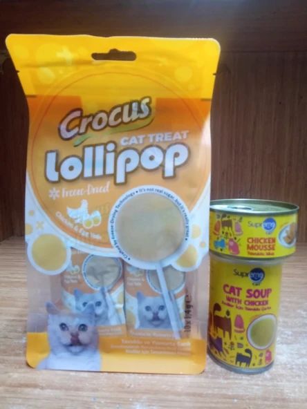 Crocus Tavuklu Ve Yumurta Sarılı Kedi Lolipop 10 ADET+1 ADET TAVUKLU PÜRE KEDİ KONSERVE 85 GRAM+1 ADET TAVUKLU KEDİ ÇORBASI 135 ML ürün görseli 1
