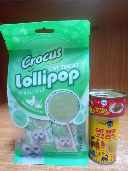 Crocus Tavuklu Ve Kedi Çimli Kedi Lolipop 10 ADET+1 ADET TAVUK&BİFTEKLİ PÜRE KEDİ KONSERVE 85 GRAM +1 ADET TAVUKLU KEDİ ÇORBASI 135 ML1 ADET ürün görseli 1