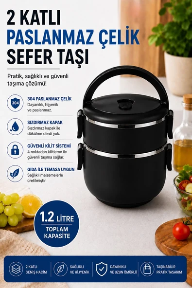 2 Katlı 1.2 Litre Paslanmaz Çelik Sefer Tası Sızdırmaz Kapaklı Yemek Taşıma Kabı Bento Lunch Box 304 Çelik Siyah ürün görseli 1