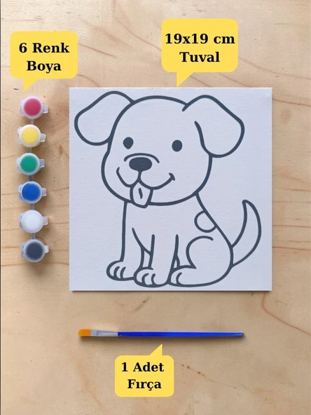 Tuval Boyama Aktivite Seti Sevimli Köpek Baskılı 19x19 Cm (Tuval, Fırça ve 6 Renk Akrilik Boya Seti) ürün görseli 1