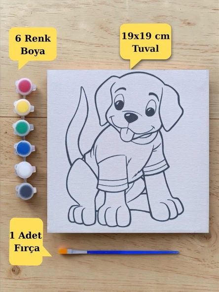 Çocuklara Özel Sevimli Köpek Baskılı Tuval Boyama Aktivite Seti 19x19 Cm (Tuval, Fırça ve 6 Renk Akrilik Boya Seti) ürün görseli 1