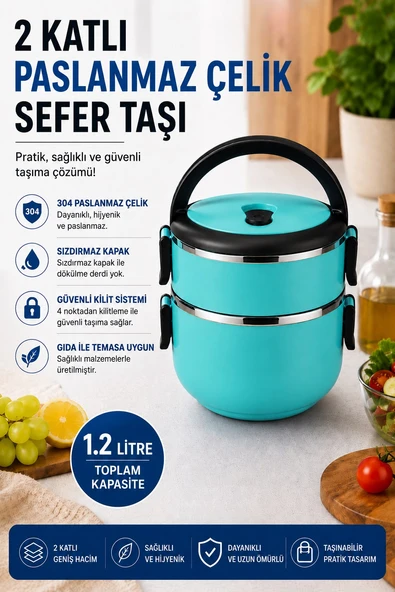 2 Katlı 1.2 Litre Paslanmaz Çelik Sefer Tası Sızdırmaz Kapaklı Yemek Taşıma Kabı Bento Lunch Box 304 Çelik Turkuaz ürün görseli 1
