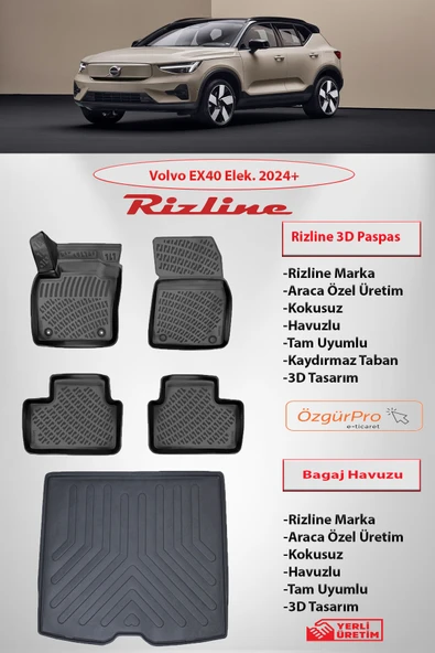 Rizline Volvo EX40 EV 2024 ve Sonrası  3D Havuzlu Paspas ve Bagaj Havuzu Set ürün görseli 1
