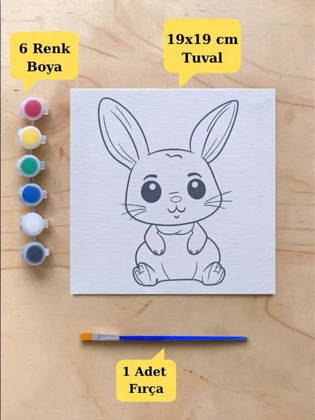 Sevimli Tavşan Baskılı Tuval Boyama Aktivite Seti 19x19 Cm (Tuval, Fırça ve 6 Renk Akrilik Boya Seti) ürün görseli 1