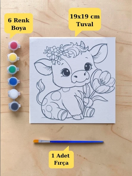 Tuval Boyama Aktivite Seti Sevimli İnek Baskılı 19x19 Cm (Tuval, Fırça ve 6 Renk Akrilik Boya Seti) ürün görseli 1