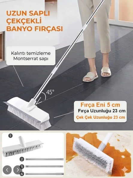 Sihirli Çekçekli Fayans Fırçası 108 cm Uzun Saplı Banyo Balkon Yer Temizleme Fırçası Çekpaslı Zemin Fırçası ürün görseli 1
