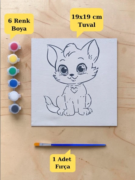 Çocuklar İçin Sevimli Kedi Baskılı Tuval Boyama Seti – Hayal Gücünü Keşfet! 19x19 Cm (Tuval, Fırça ve 6 Renk Akrilik Boya Seti) ürün görseli 1