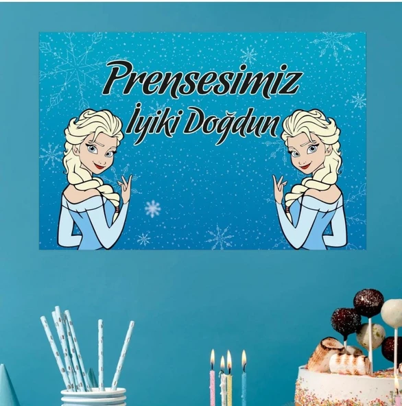 Frozen Elsa Mavi Temalı Doğum Günü Temalı Kişiye Özel Isimli 100x150 Cm Ölçüsünde Branda Afiş ürün görseli 1