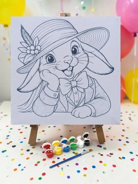 Şapkalı Tavşan Tuval Boyama Aktivite Seti 19x19 Cm (Tuval, Şövale, Fırça ve 6 Renk Akrilik Boya Seti) ürün görseli 1