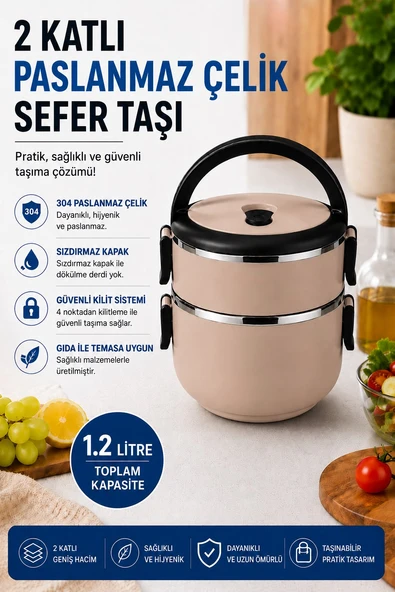 2 Katlı 1.2 Litre Paslanmaz Çelik Sefer Tası Sızdırmaz Kapaklı Yemek Taşıma Kabı Bento Lunch Box 304 Çelik Sütlü Kahve ürün görseli 1